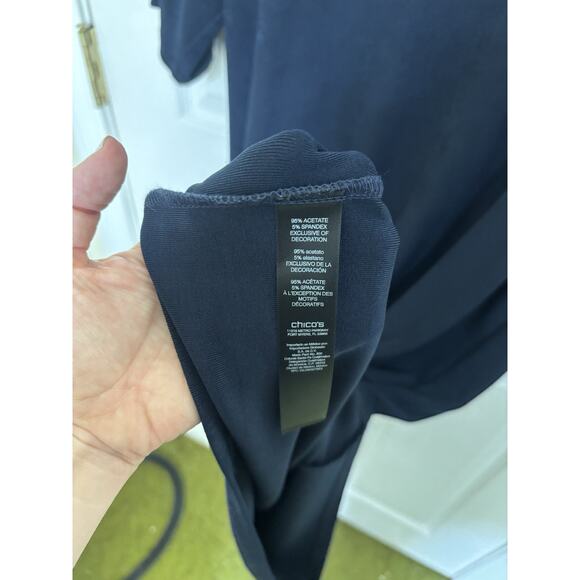 Chicos Travelers Navy Blue Gold Embroidered Midi Dress Sz 3 XL Slinky Stretch - Picture 7 of 7